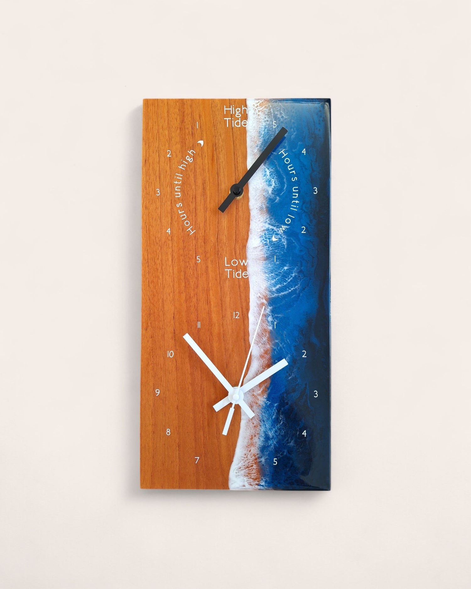 Surf shaped dual clock with tide clock in top and time clock. resin wave in wood