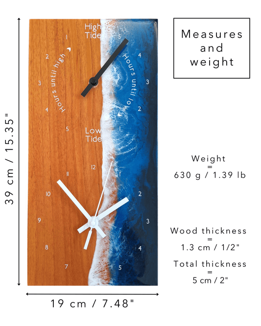 Dimensions of the rectangular dual tide + time clock : 15.35 by 7.48 inches
Thickness : 2 inches