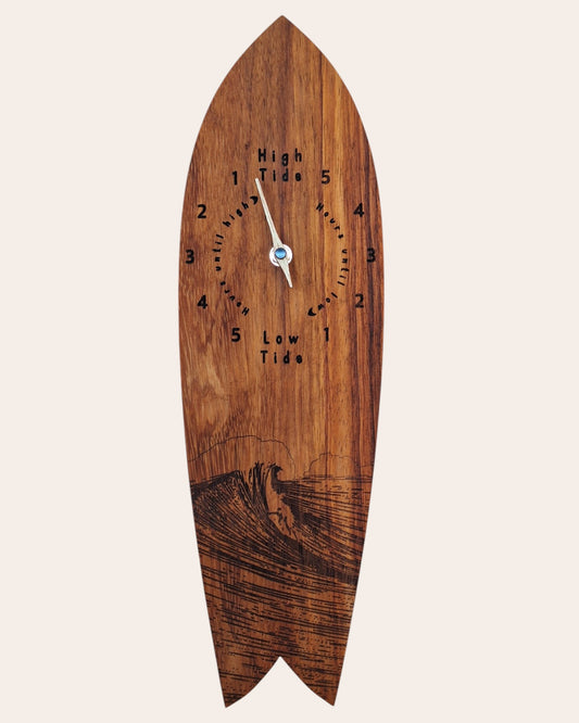 Surf shaped tropical wood tide clock with wave and surfer laser engraved