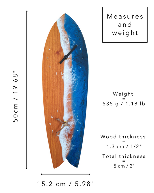 Dimensions of the dual surfboard tide clock : 20 by 6 inches. Thickness : 2 inches