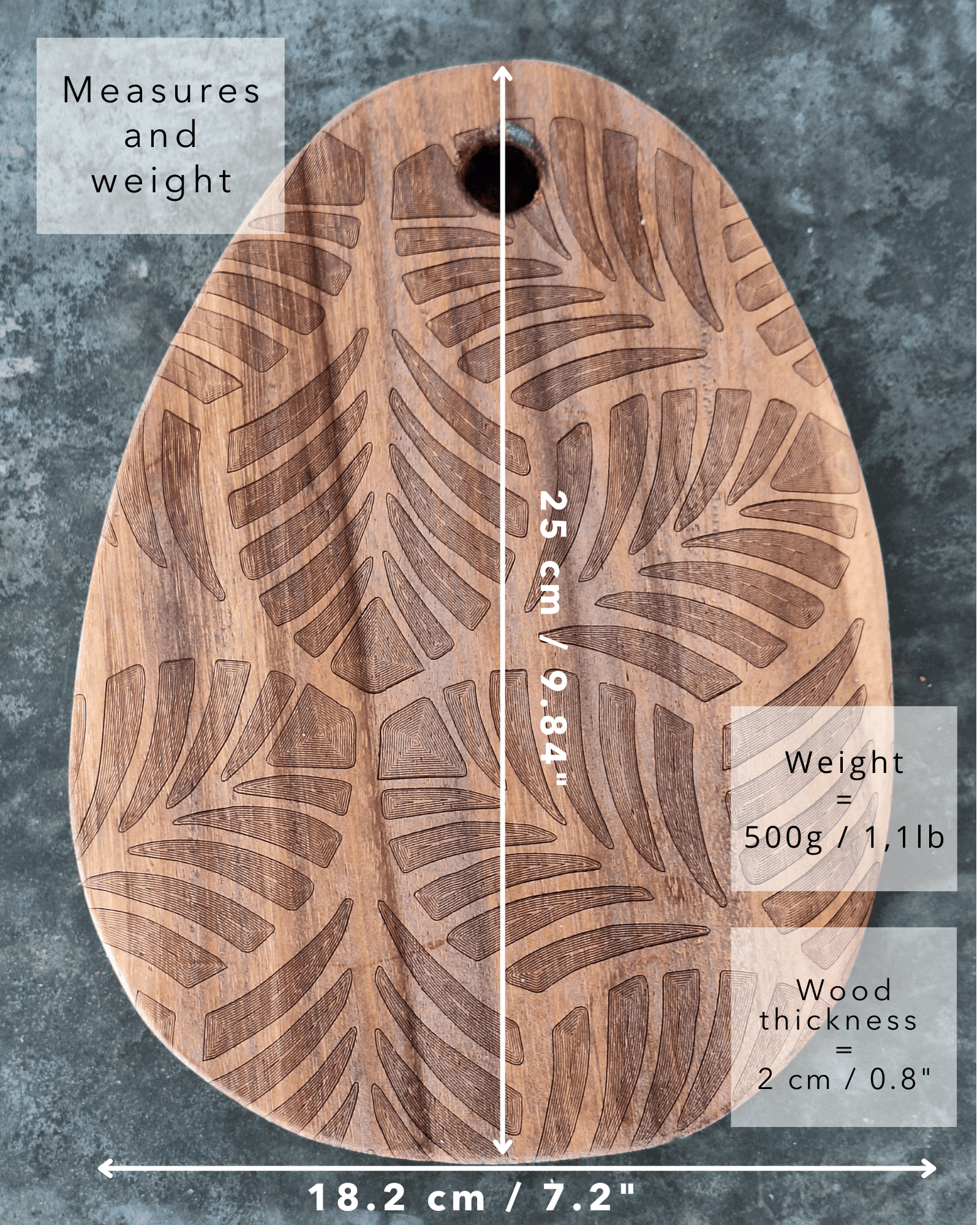 Dimensions of the cutting board : 9,84 by 7.2 inches