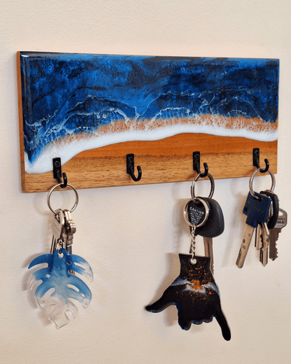 Wooden  key holder with 4 black metallic  hooks and resin ocean looking