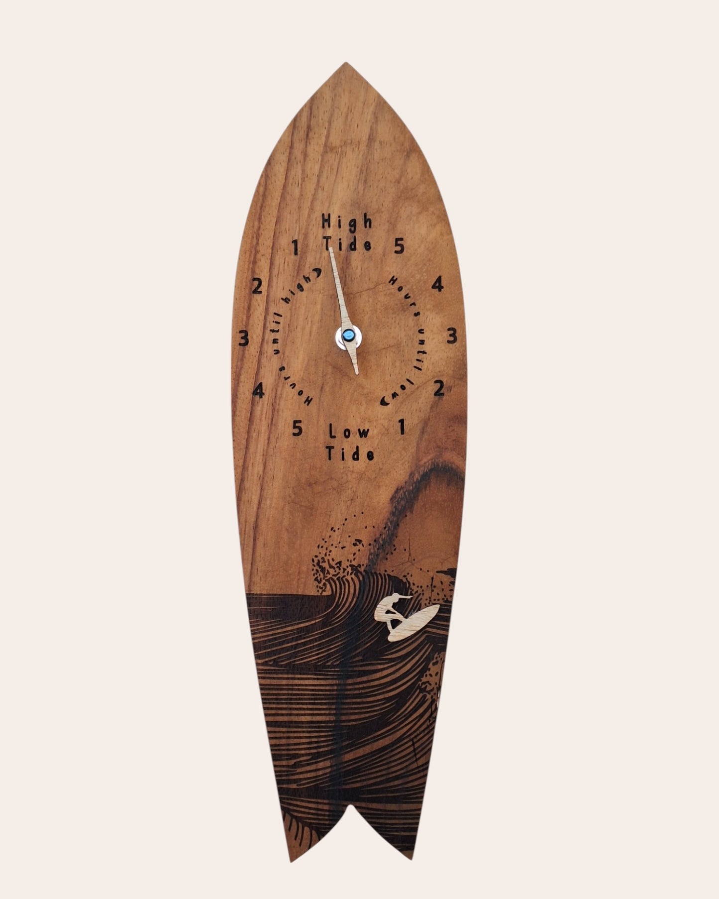 Surf shaped tropical wood tide clock with a wave laser engraved and a tiny surfer cut in a clearer wood